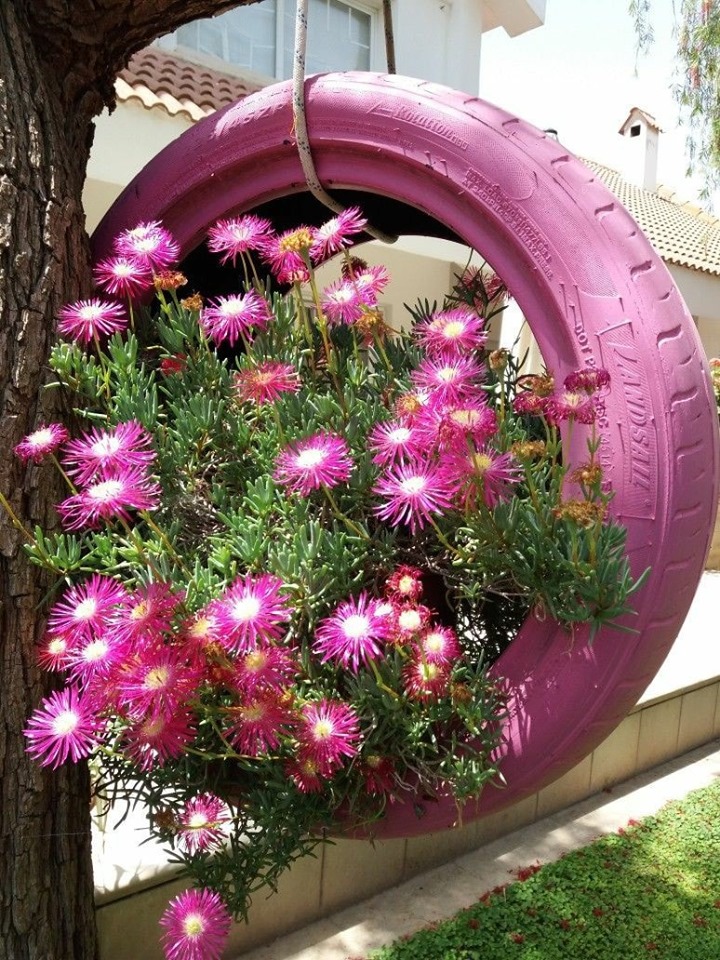 decoracao jardim pneus suspenso
