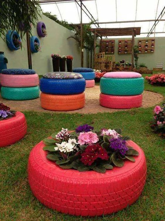 ideias diferentes decorar jardim pneus mobiliario