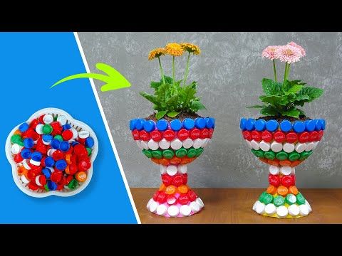vasos de flores feitos com tampinhas de garrafas pet 6