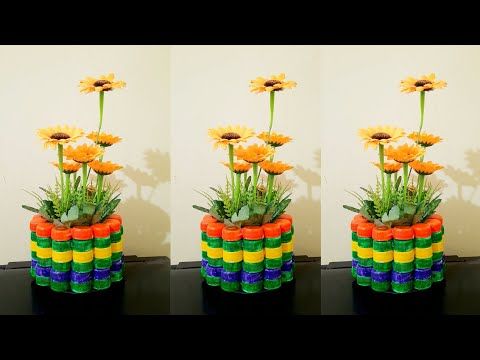 vasos de flores feitos com tampinhas de garrafas pet 8