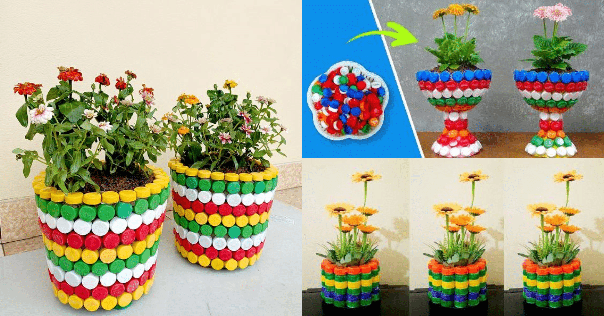 vasos de flores feitos com tampinhas de garrafas pet