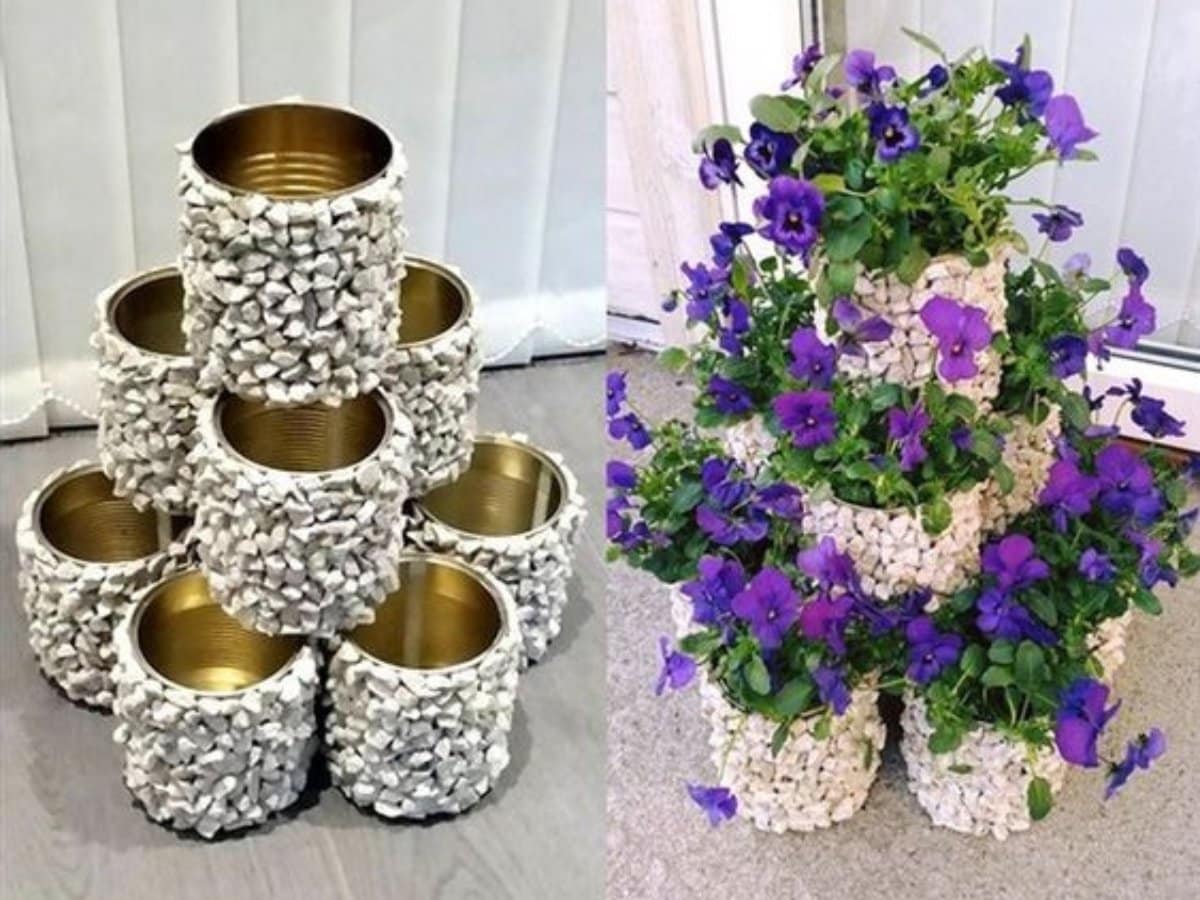 vasos de plantas com latas e pedras 10